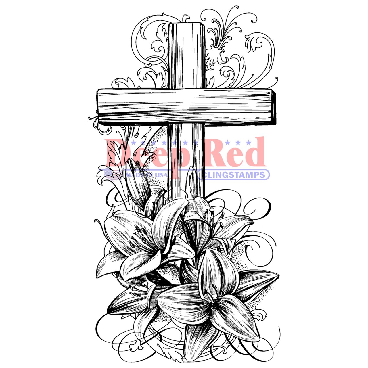 Deep Red Stamps Cross and Lilies Rubber Cling Stamp 2.2 x 4.1 inches